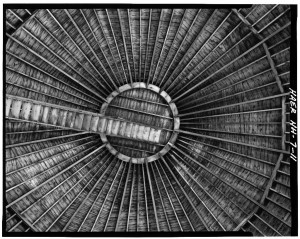 Roof framing viewed from below.